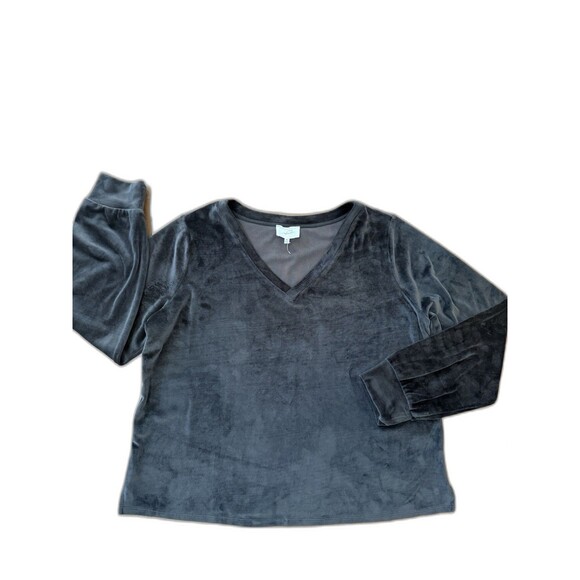 Cozy Black Velour V-Neck Pullover Top Soft Lounge Long Sleeve Relaxed Fit XL - Picture 2 of 8